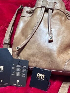 Frye Tan Leather Drawstring Shoulder Bucket Bag